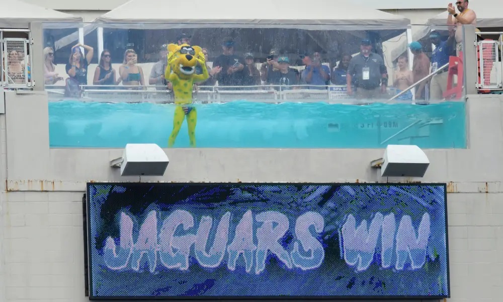 Jaguar Mascot in the TIAA Bank Field Pool - Photo by USAToday